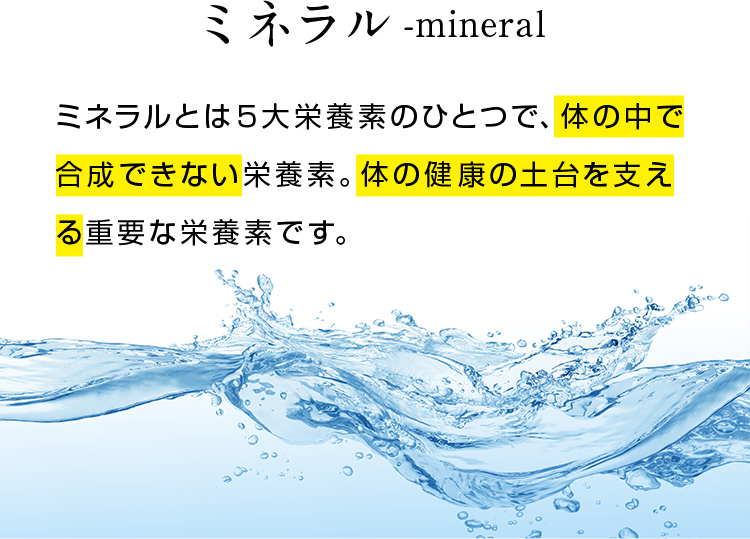 「ミネラル」ミネラルとは５大栄養素のひとつで、体の中で合成できない栄養素。体の健康の土台を支える重要な栄養素です。