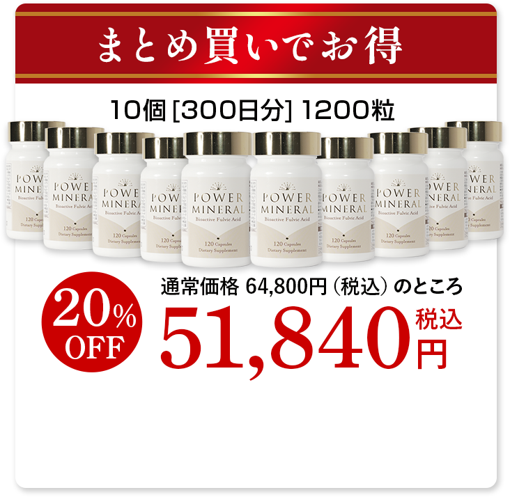 まとめ買いでお得 10個[300日分]1200粒 通常価格 64,800円（税込）のところ20% OFF 51,840円(税込)